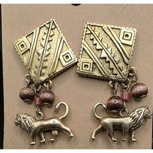 Disney Lion King Simba Earrings Gold Tone Dangle Drop Tribal African